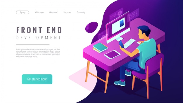 Isometric front end development landing page concept.