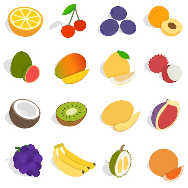 Set di icone di frutta isometrica. icone di frutta universale da utilizzare per l'interfaccia utente mobile e web, set di elementi di base di frutta isolato illustrazione vettoriale