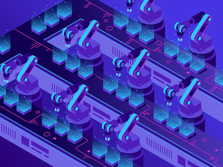 Vector isometric futuristic production line. industrial warehouse automation, smart robotic arms and factory machines vector illustration