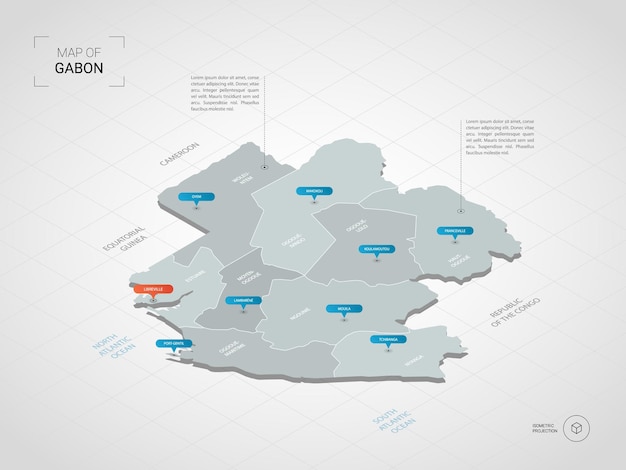 Вектор Изометрическая карта габона. стилизованная иллюстрация карты с городами, границами, столицей, административным делением и указателями; градиентный фон с сеткой.