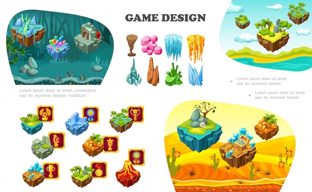 Vector isometric game design elements composition with nature landscapes volcano treasure chest crystals minerals stones achievement buttons mine dynamite