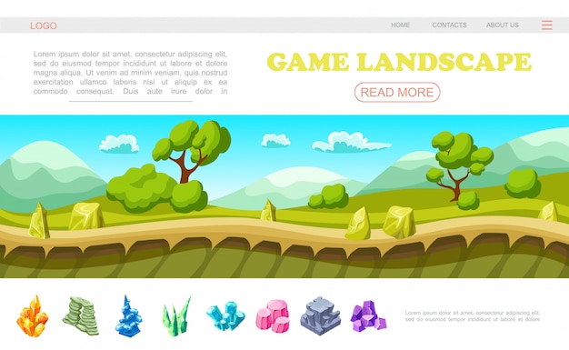 Vector isometric game landscape web page template with beautiful summer nature scene trees bushes clouds mountains stones minerals