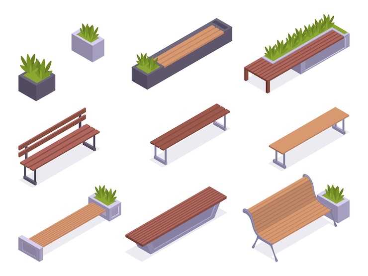 Vector isometric garden benches wooden summerhouse backyard or city park bench modern bench with planting of greenery 3d vector illustration set garden furniture collection