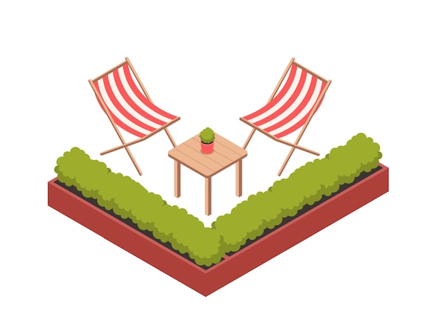 Vector isometric garden chairs concept decor and interior element for cafe or restaurant backyard comfort