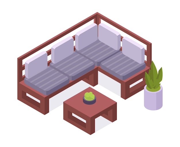 Set di mobili da giardino isometrici sedie e tavolino da caffè comodi mobili da giardino o da terrazza illustrazione vettoriale 3d