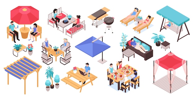Vector isometric garden furniture set with isolated human characters and patio furniture