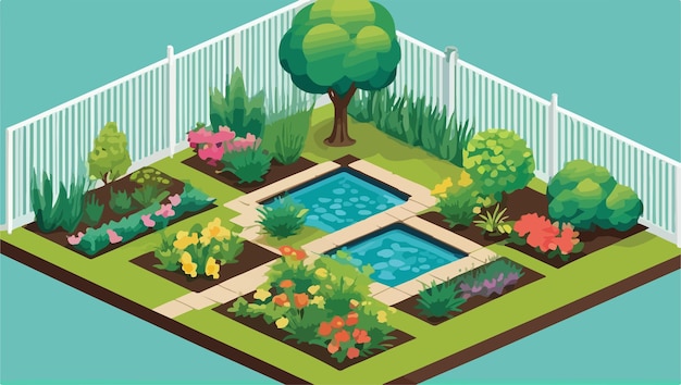 Vector isometric garden scene illustration