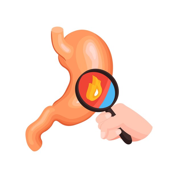 Isometric gastroenterology composition with human hand holding glass and stomach with fire sign illustration