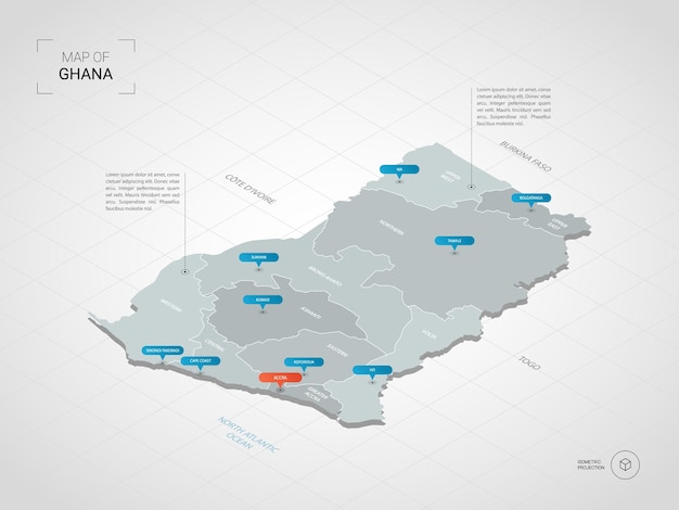 Изометрическая карта ганы. стилизованная иллюстрация карты с городами, границами, столицей, административным делением и указателем отмечает градиентный фон с сеткой.