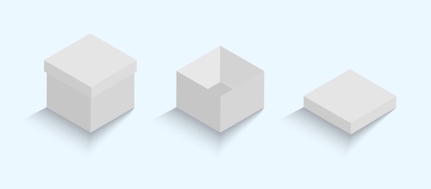 Изометрический набор подарочных коробок Белая квадратная коробка, вид сверху Открытые и закрытые подарочные коробки Макет контейнера Реалистичная бумажная обувная коробка