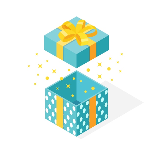 Isometric gift box with bow, ribbon  on white background. open package with shiny confetti.