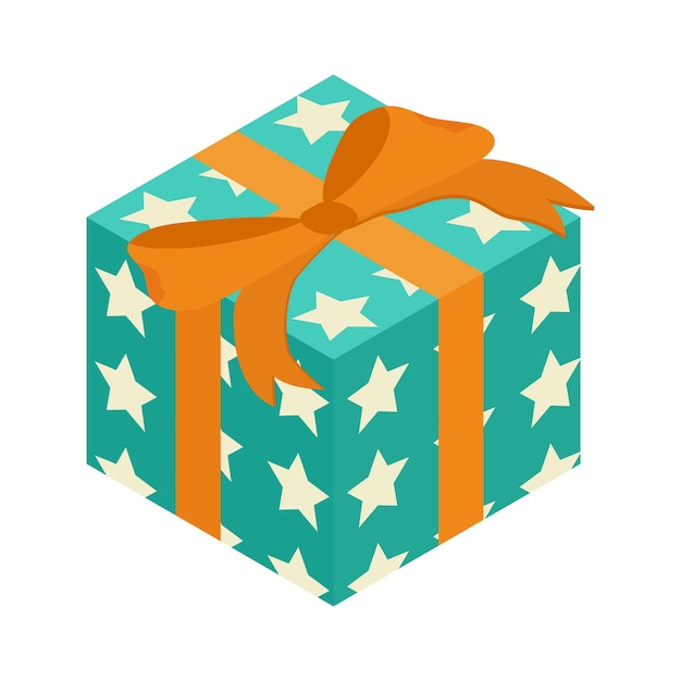 Isometric gift box with orage ribbon. Flat vector illustration.