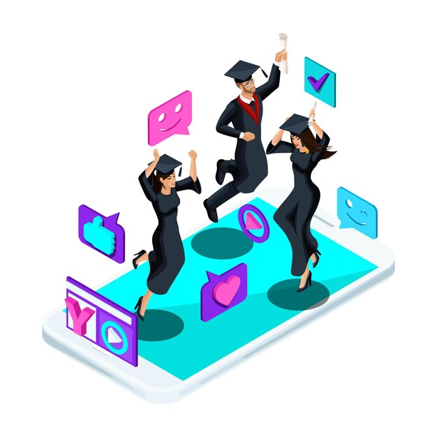 Isometric girl graduate, jumping is happy, academic clothes, diploma, mantle, shoots video blog, smileys, likes, smartphone, a laptop