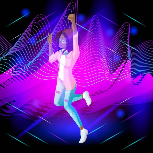 等尺性の女の子は音楽を聴き、ティーンエイジャーのZ世代の夏服をジャンプします