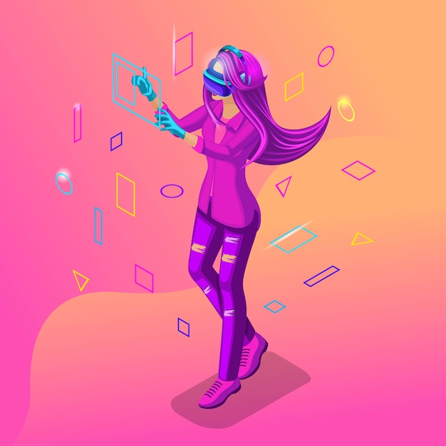 Vector isometric girl playing in a virtual game. the teenagers are generation z with gadgets. bright hair color, beautiful stylish colors