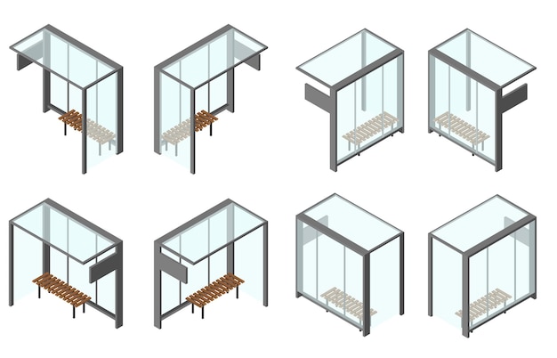 Изометрическая стеклянная автобусная остановка. набор из 8 ракурсов с разных сторон. скамейка для ожидания. векторная иллюстрация. изолированные на белом фоне.