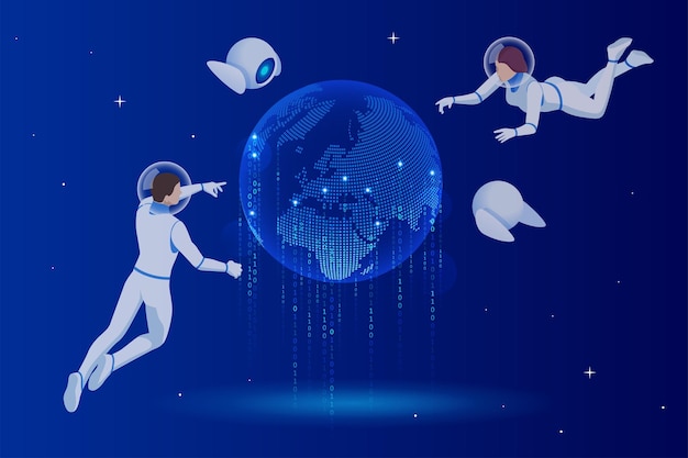 Isometric Global Network planet Earth Astronauts Monitors Work of Artificial Intelligence Professional IT Engineers Working in System Control Center