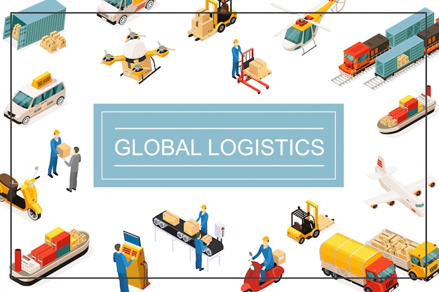 Isometric global transportation composition with helicopter drone truck plane trucks forklift scooter container car packaging line storage workers