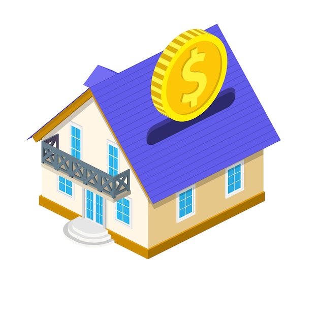 Isometric gold dollar coin falling into house piggy bank.