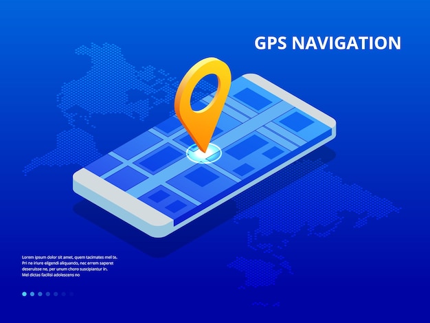 Navigazione gps isometrica nel telefono con puntatore rosso. illustrazione vettoriale su sfondo blu.