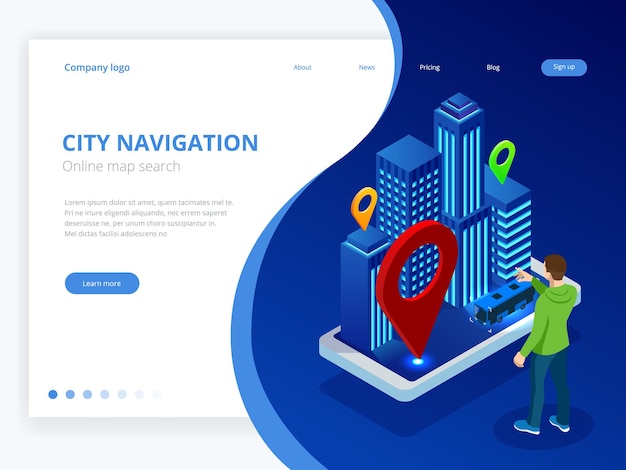 아이소메트릭 Gps 위성 항법. 여행, 관광 및 위치 경로 계획을 위한 웹 배너입니다. 네비게이터 지도 인터넷 앱이 있는 스마트폰, 도시 지도의 목적지 포인터 마커 아이콘 그룹.