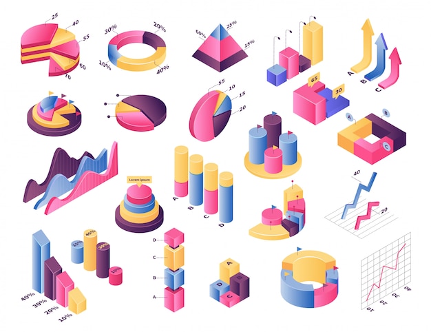 Insieme dell'illustrazione del grafico isometrico, elemento infografico, barra del diagramma con percentuale di statistiche o grafico a torta grafico su bianco