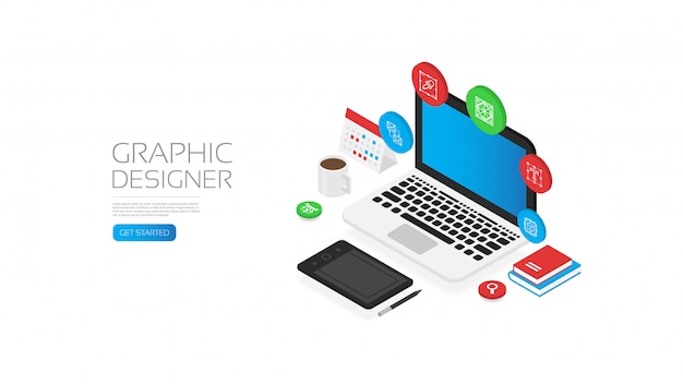 Vector isometric graphic designer with tool icon