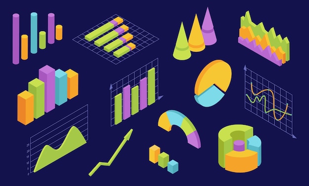아이소메트릭 그래프. 비즈니스에 대한 통계 차트입니다. 3d Infographic 다이어그램 및 그래픽 파입니다. 경제 분석 웹 인터페이스 요소 벡터 집합입니다. 3d 비즈니스 분석, 통계 인포그래픽 시각화