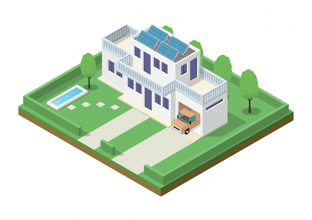 Изометрические Зеленый Эко-дом с панелью солнечных батарей.