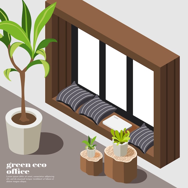 Vector isometric green office background with eco equipment and tools plants and furniture