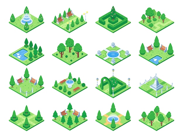 Isometric green park or garden trees.