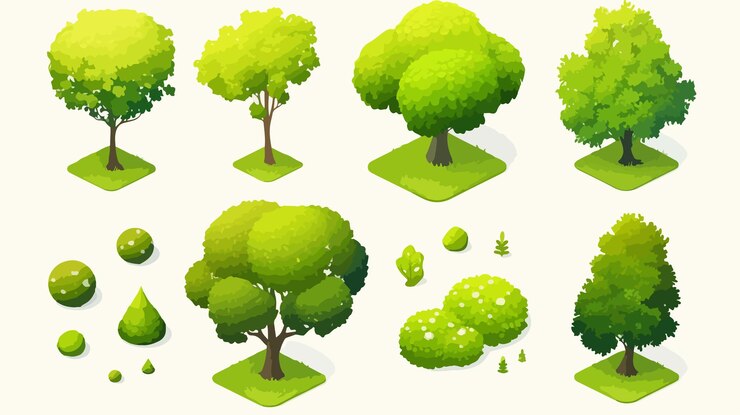 Vector isometric green tree icon in wild forest nature