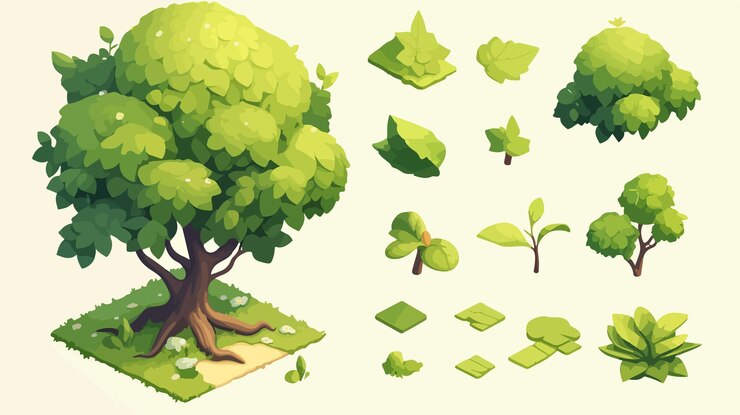 Vector isometric green tree icon in wild forest nature