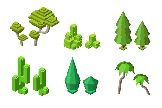  isometric green trees, plants set. Palm, spruce trees, cactus bush, trunk. 