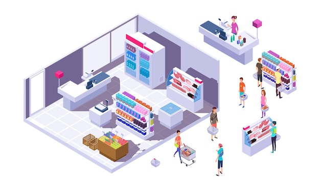 Vector isometric grocery store interior. customers, stands with goods and cashier. isolated buyers in supermarket vector illustration. isometric cashier and supermarket store with people