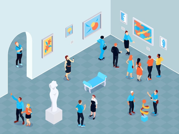 Isometric guide excursion art museum composition with indoor view of art gallery with paintings and sculptures  illustration