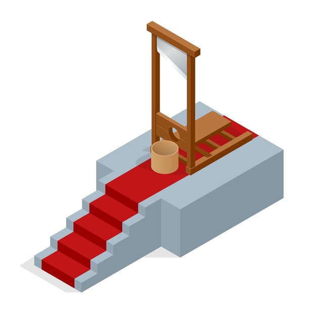 Vector isometric guillotine vector illustration. ceremonial red carpet directing to a guillotine.