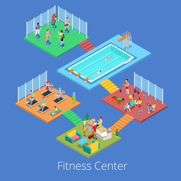 Isometric gym fitness club спортивный центр интерьер с кардио-залом, тренажерным залом и бассейном с водой. иллюстрация