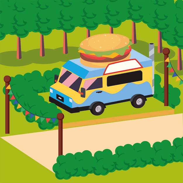 Isometric hamburger food truck vehicle