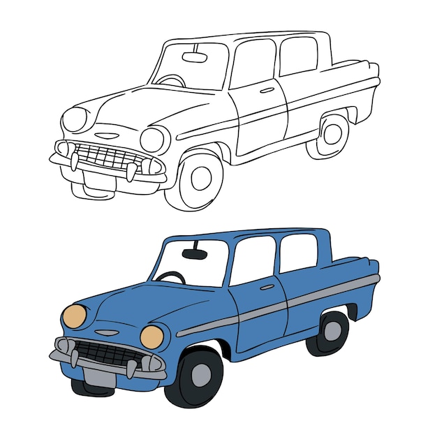 Isometric hand drawn view of blue classic sedan old car color for kids drawing book