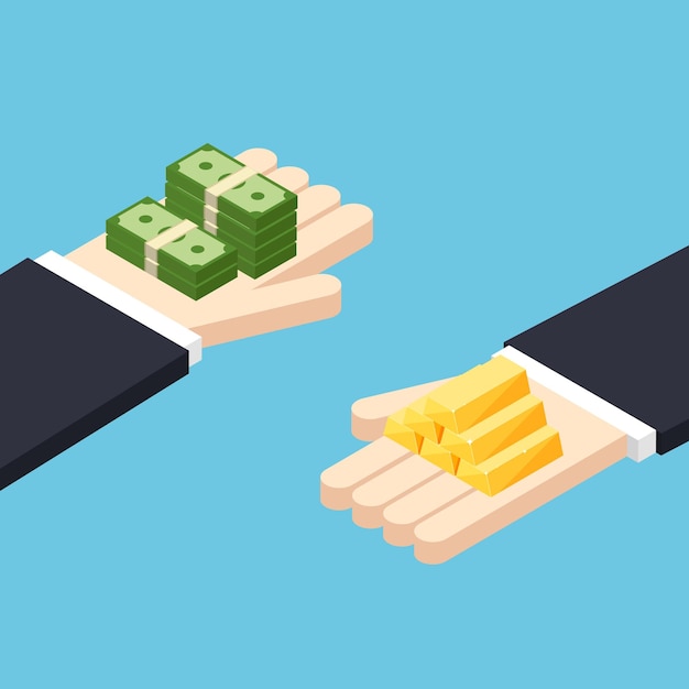 Isometric hands hold money and gold ingots stack of shiny gold bars and dollar banknotes business