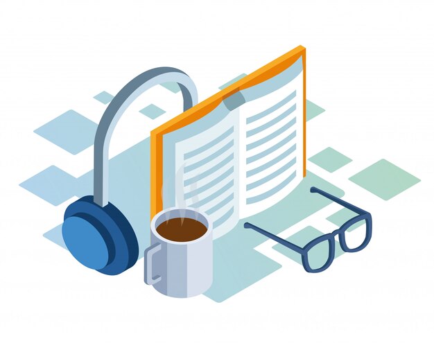 Vector isometric  of headphones, book and coffee mug over white background