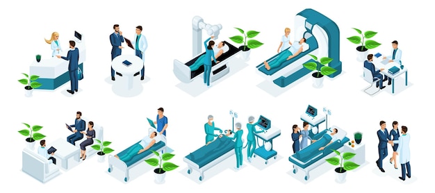 Vector isometric health care and innovative technology hospital patient communication doctor for treatment