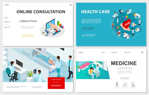 Isometric healthcare websites set with MRI scan procedure doctors patients online medical consultation and digital medicine elements