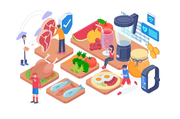 Isometric healthy diet food vector concept