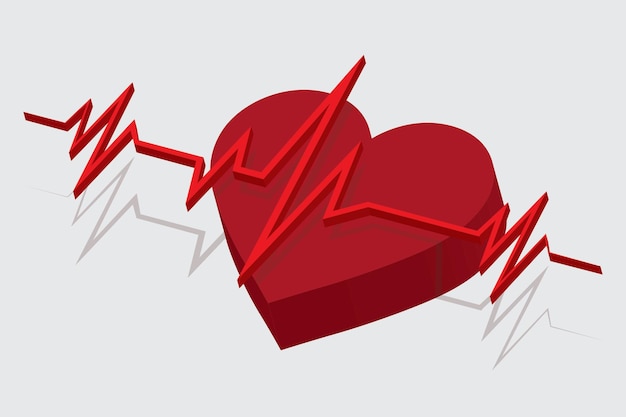 Vettore forma del cuore isometrica e illustrazione 3d della linea del battito cardiaco e del set di segnali ecg ecg