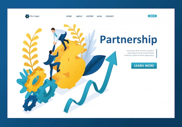 Isometric helping a big businessman to his partner, helping hand, partnership landing page