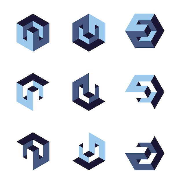 Esagono isometrico 3d logo design template monogramma vettoriale geometrico