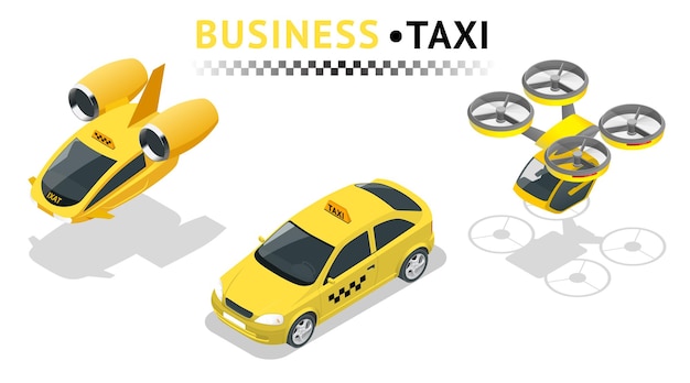 Вектор Изометрический набор иконок городского транспорта высокого качества автомобильное такси и воздушное такси создайте свою собственную коллекцию инфографики в мире современный футуристический пассажирский авиатранспорт
