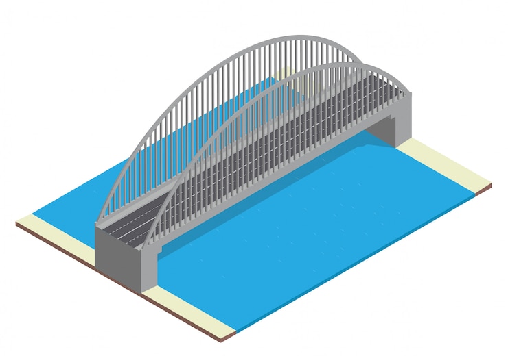 Vector isometric highway on the bridge over the river